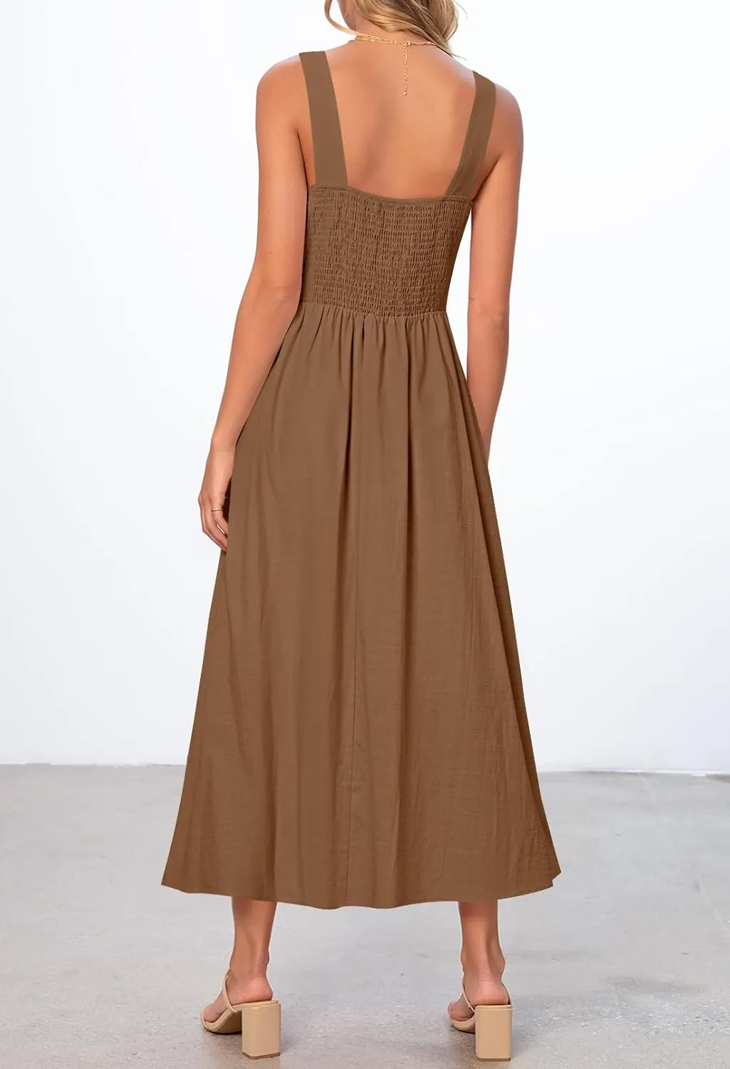 MEROKEETY Women's 2025 Summer Sleeveless Midi Dress Square Neck Smocked Flowy A Line Beach Dresses