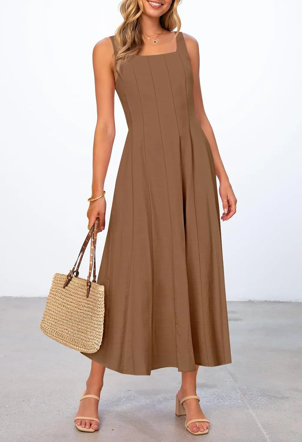 MEROKEETY Women's 2025 Summer Sleeveless Midi Dress Square Neck Smocked Flowy A Line Beach Dresses