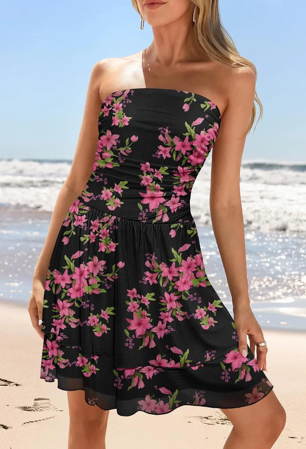 MEROKEETY Women's Summer Floral Strapless Tube Dress Boho Off Shoulder Ruffle Tiered Mini Sundress