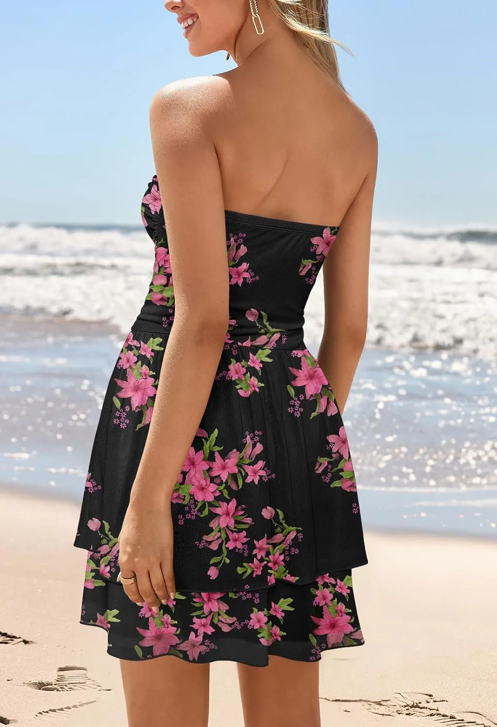 MEROKEETY Women's Summer Floral Strapless Tube Dress Boho Off Shoulder Ruffle Tiered Mini Sundress