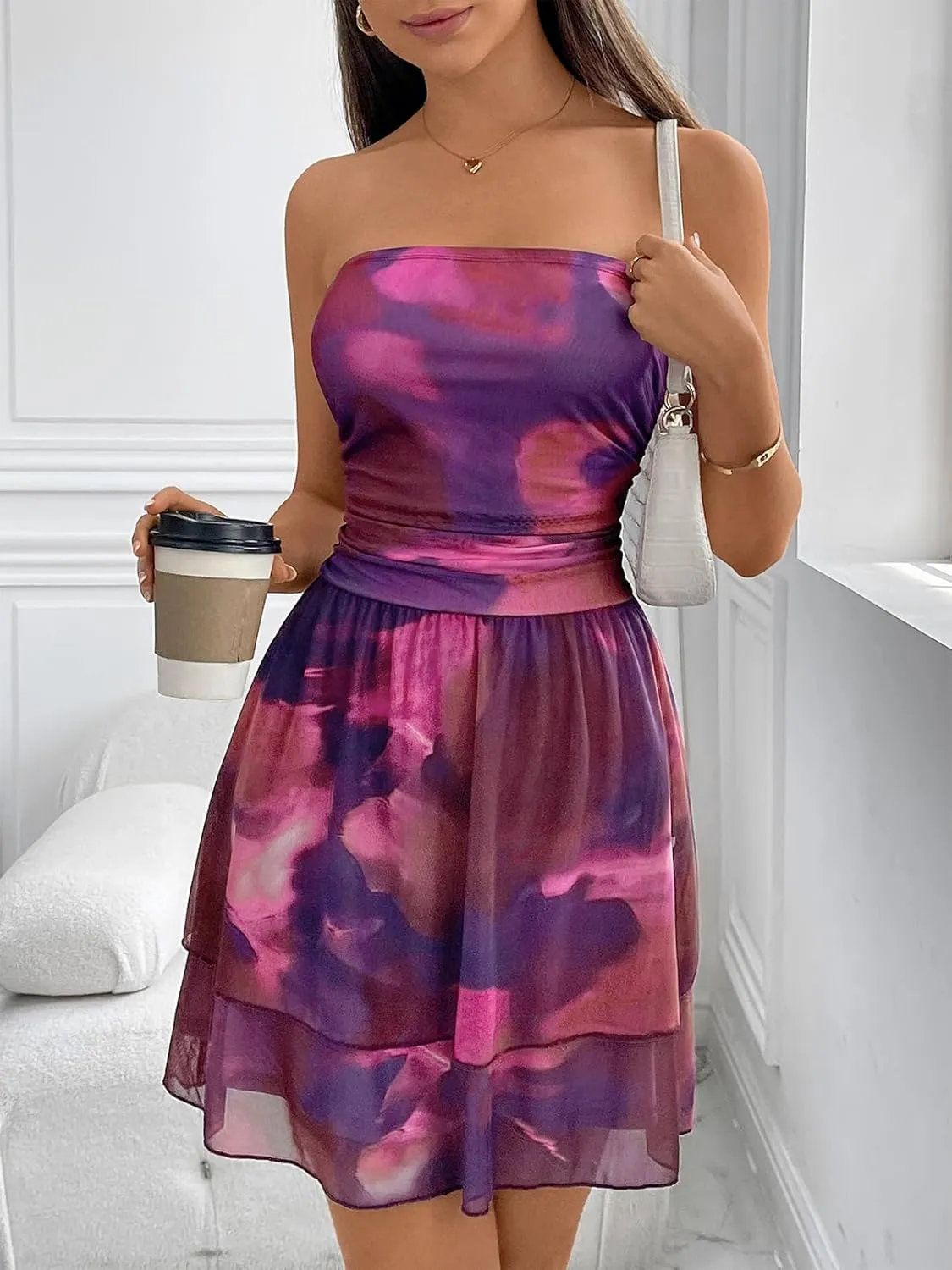 MEROKEETY Women's Summer Floral Strapless Tube Dress Boho Off Shoulder Ruffle Tiered Mini Sundress