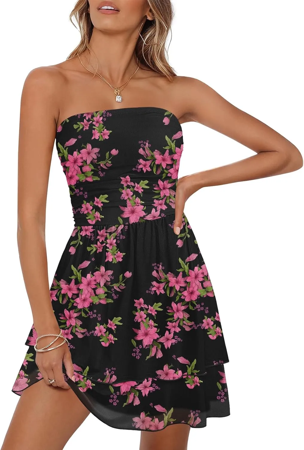MEROKEETY Women's Summer Floral Strapless Tube Dress Boho Off Shoulder Ruffle Tiered Mini Sundress
