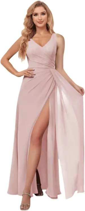 Miao Duo Women's Simple Chiffon Bridesmaid Dresses with Wrap Train Long V Neck Formal Dresses with Slit YZTS155