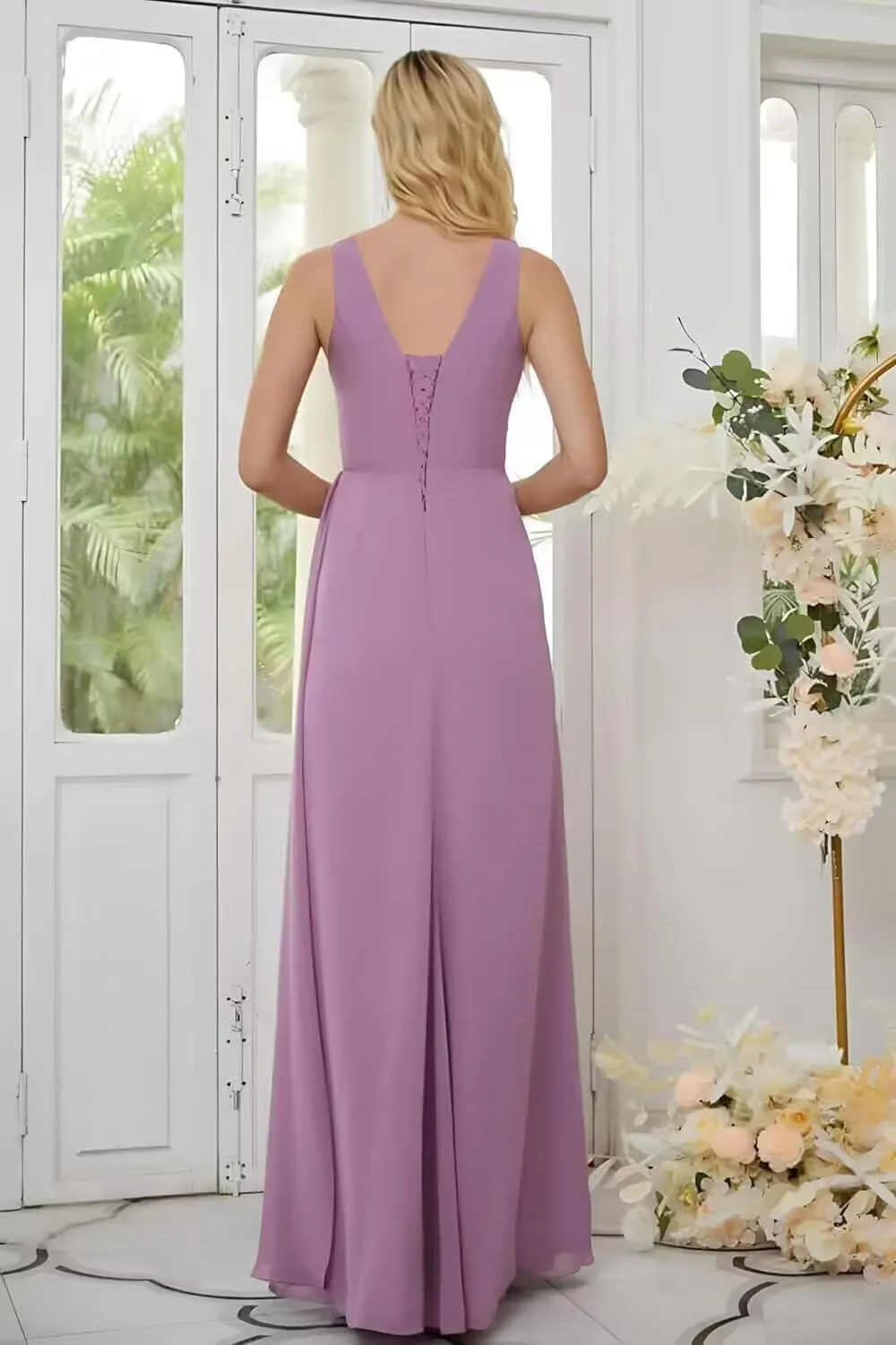 Miao Duo Women's Simple Chiffon Bridesmaid Dresses with Wrap Train Long V Neck Formal Dresses with Slit YZTS155