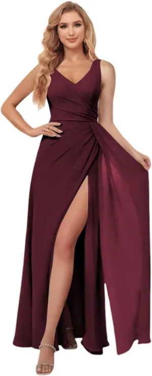 Miao Duo Women's Simple Chiffon Bridesmaid Dresses with Wrap Train Long V Neck Formal Dresses with Slit YZTS155