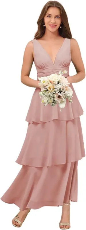 Miao Duo Women's Simple Chiffon Tired Bridesmaid Dresses Long V Neck A Line Formal Dresses YZTS246
