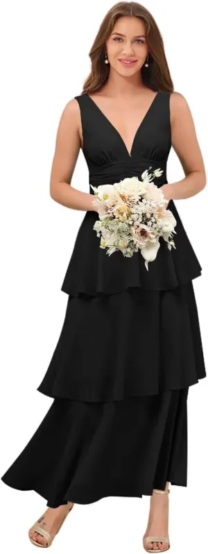 Miao Duo Women's Simple Chiffon Tired Bridesmaid Dresses Long V Neck A Line Formal Dresses YZTS246