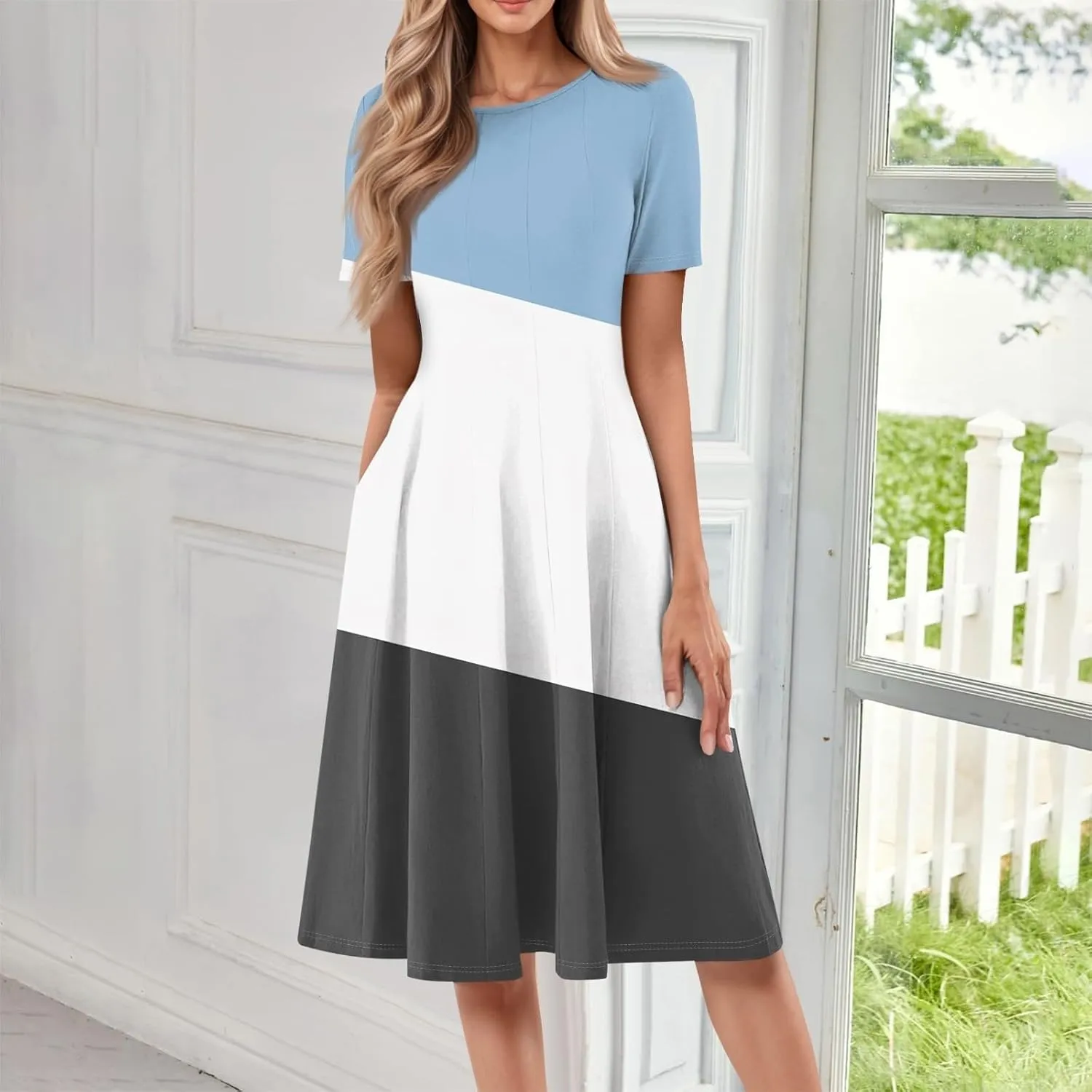 Mid Length Dress for Women Short Sleeve Spring Midi A Line T Shirt Dresses Casual Simple Summer Modest Church Dresses