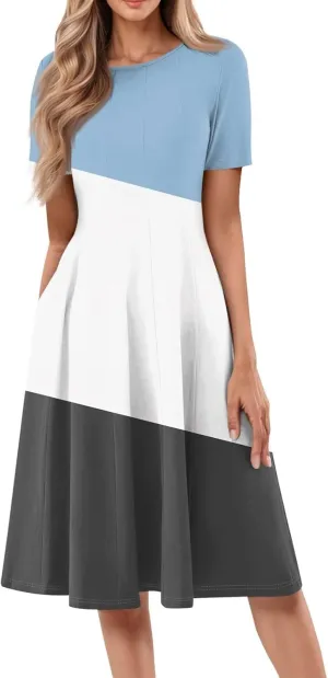 Mid Length Dress for Women Short Sleeve Spring Midi A Line T Shirt Dresses Casual Simple Summer Modest Church Dresses