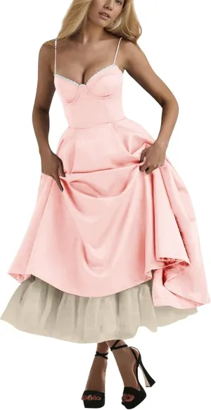 Midi Corset Dress for Women 2025 Fall Elegant Tulle Vintage Party Dress Flowy Pleated Hem Low Cut Prom Dresses