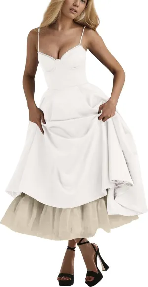 Midi Corset Dress for Women 2025 Fall Elegant Tulle Vintage Party Dress Flowy Pleated Hem Low Cut Prom Dresses