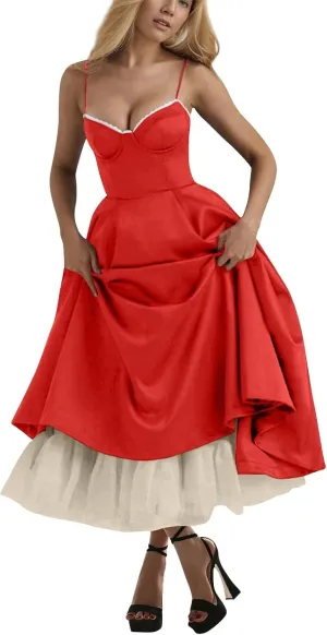 Midi Corset Dress for Women 2025 Fall Elegant Tulle Vintage Party Dress Flowy Pleated Hem Low Cut Prom Dresses