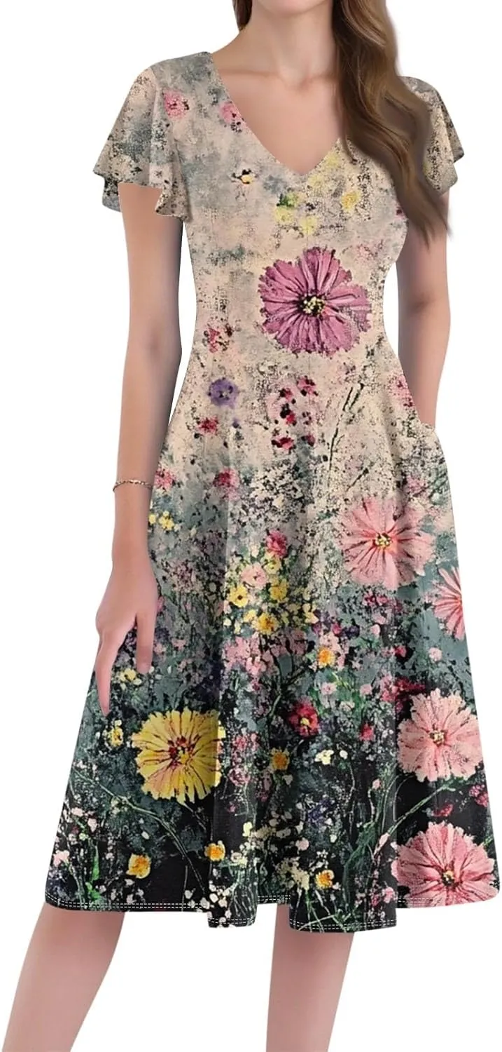 Midi Dresses 2025 Short Sleeve Deep V Neck Summer Casual Plus Size Split Fashion Casual Wedding Guest Dress