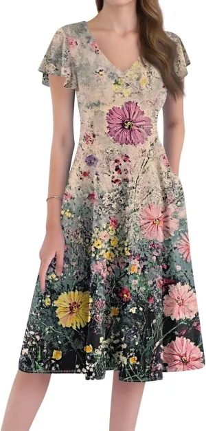 Midi Dresses 2025 Short Sleeve Deep V Neck Summer Casual Plus Size Split Fashion Casual Wedding Guest Dress