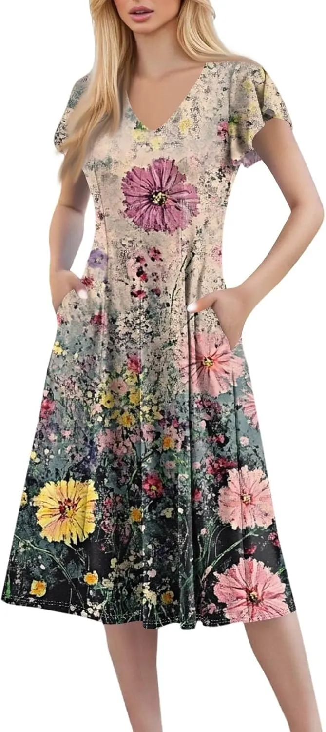Midi Dresses 2025 Short Sleeve Deep V Neck Summer Casual Plus Size Split Fashion Casual Wedding Guest Dress