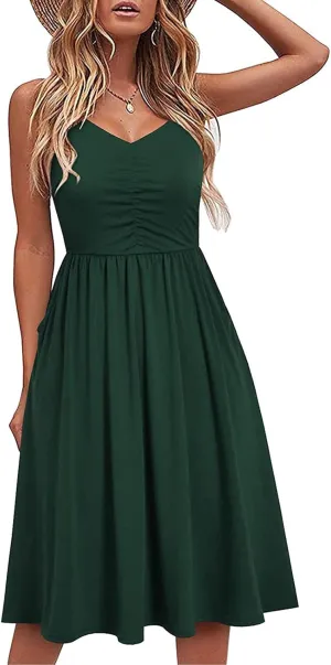 Midi Dresses for Women 2025 Summer Sleeveless V Neck Spaghetti Strap Beach Dress Casual Loose Swing Cute Sundresses