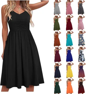 Midi Dresses for Women 2025 Summer Sleeveless V Neck Spaghetti Strap Beach Dress Casual Loose Swing Cute Sundresses