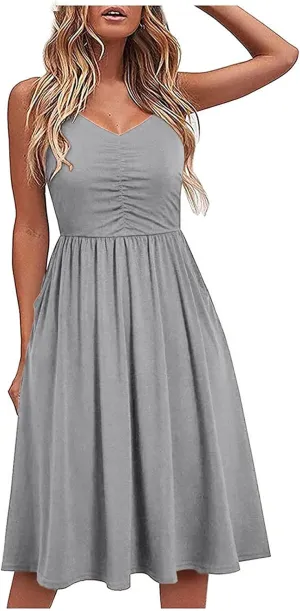 Midi Dresses for Women 2025 Summer Sleeveless V Neck Spaghetti Strap Beach Dress Casual Loose Swing Cute Sundresses