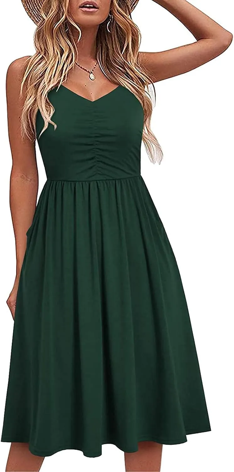 Midi Dresses for Women 2025 Summer Sleeveless V Neck Spaghetti Strap Beach Dress Casual Loose Swing Cute Sundresses