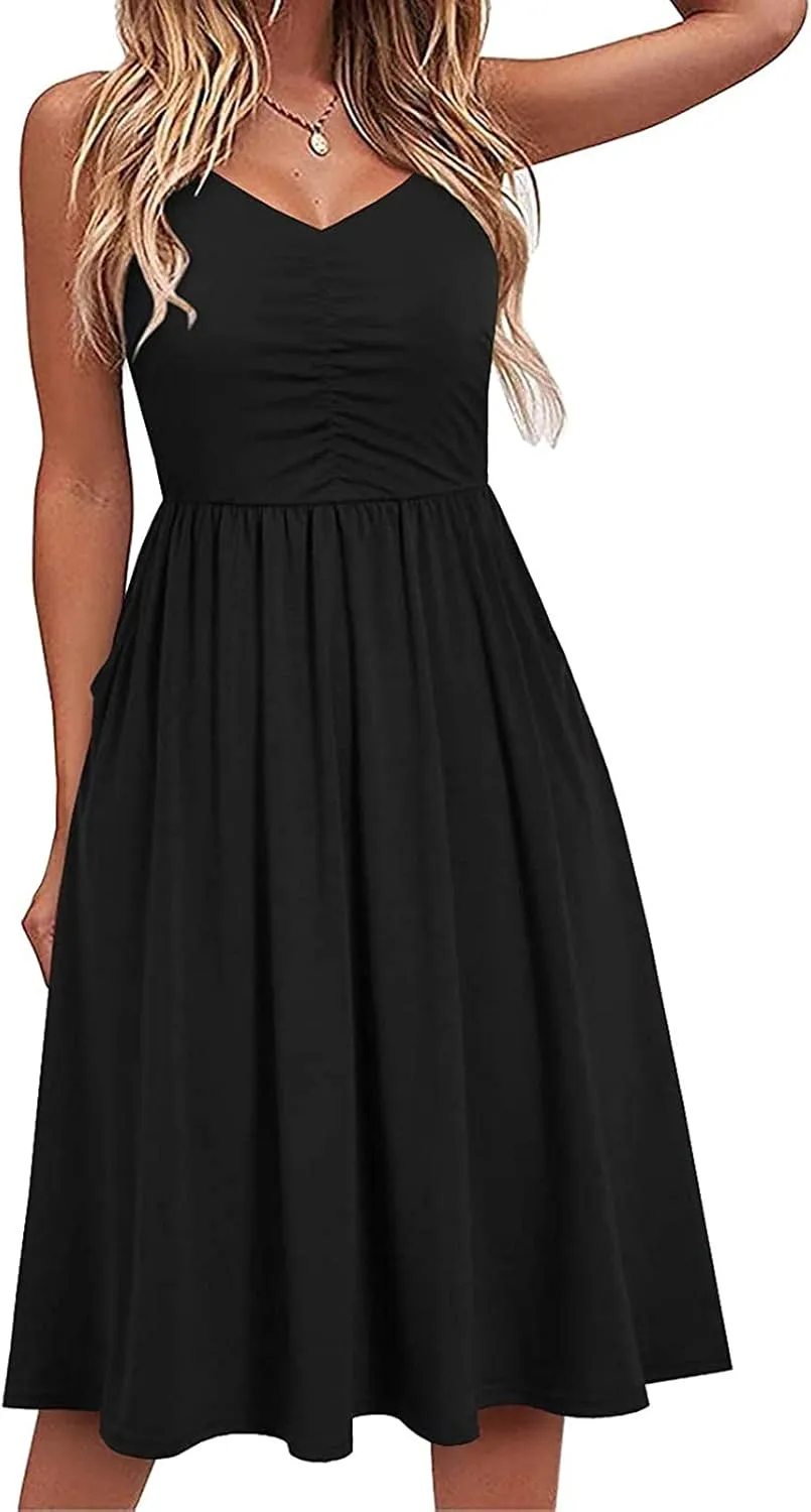 Midi Dresses for Women 2025 Summer Sleeveless V Neck Spaghetti Strap Beach Dress Casual Loose Swing Cute Sundresses