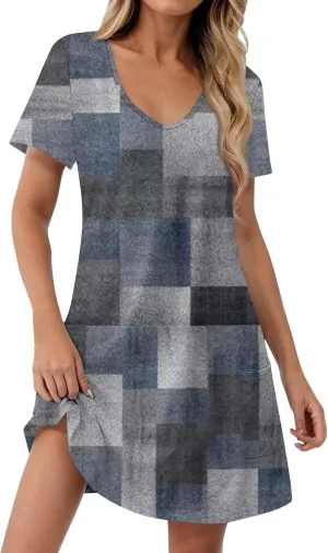 Mini Dresses for Women Floral V Neck Short Sleeve Summer Dress with Pockets Casual Athletic Beach Boho Sundress