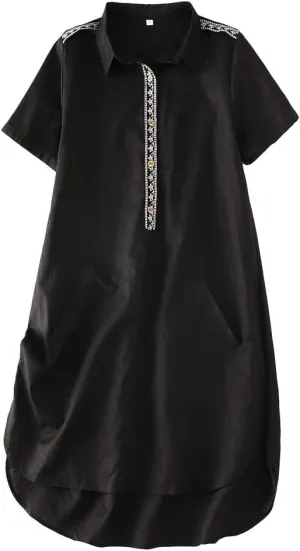 Minibee Women's Linen Dress Summer Casual Boho Sundress Short Sleeve Loose Tunic Dresses with Pocket