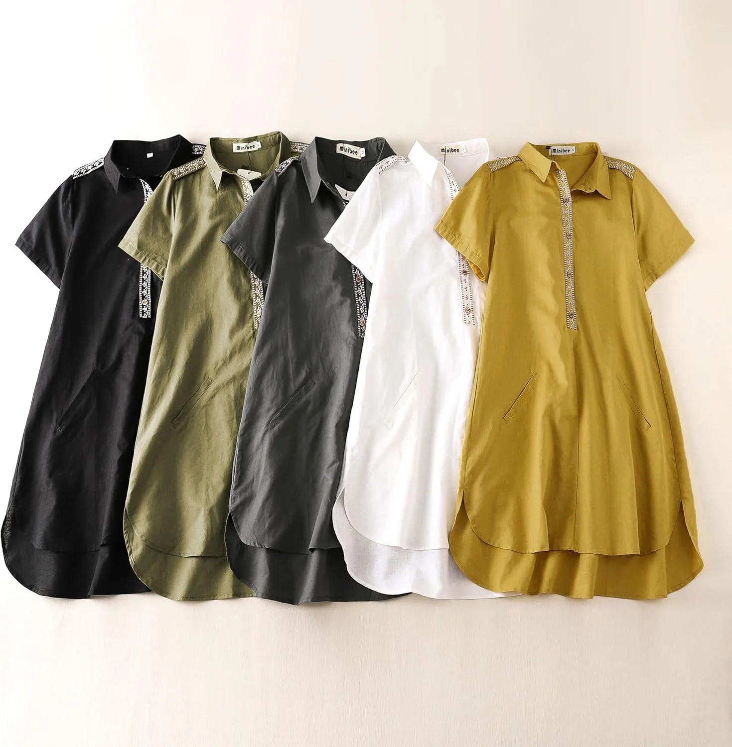 Minibee Women's Linen Dress Summer Casual Boho Sundress Short Sleeve Loose Tunic Dresses with Pocket