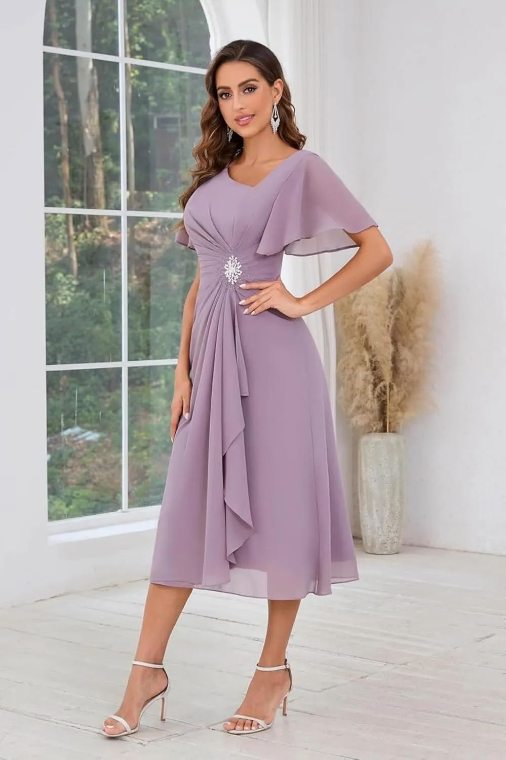 Mother of The Bride Dresses A-line Beaded Chiffon Flutter Sleeve Formal Evening Dress for Wedding