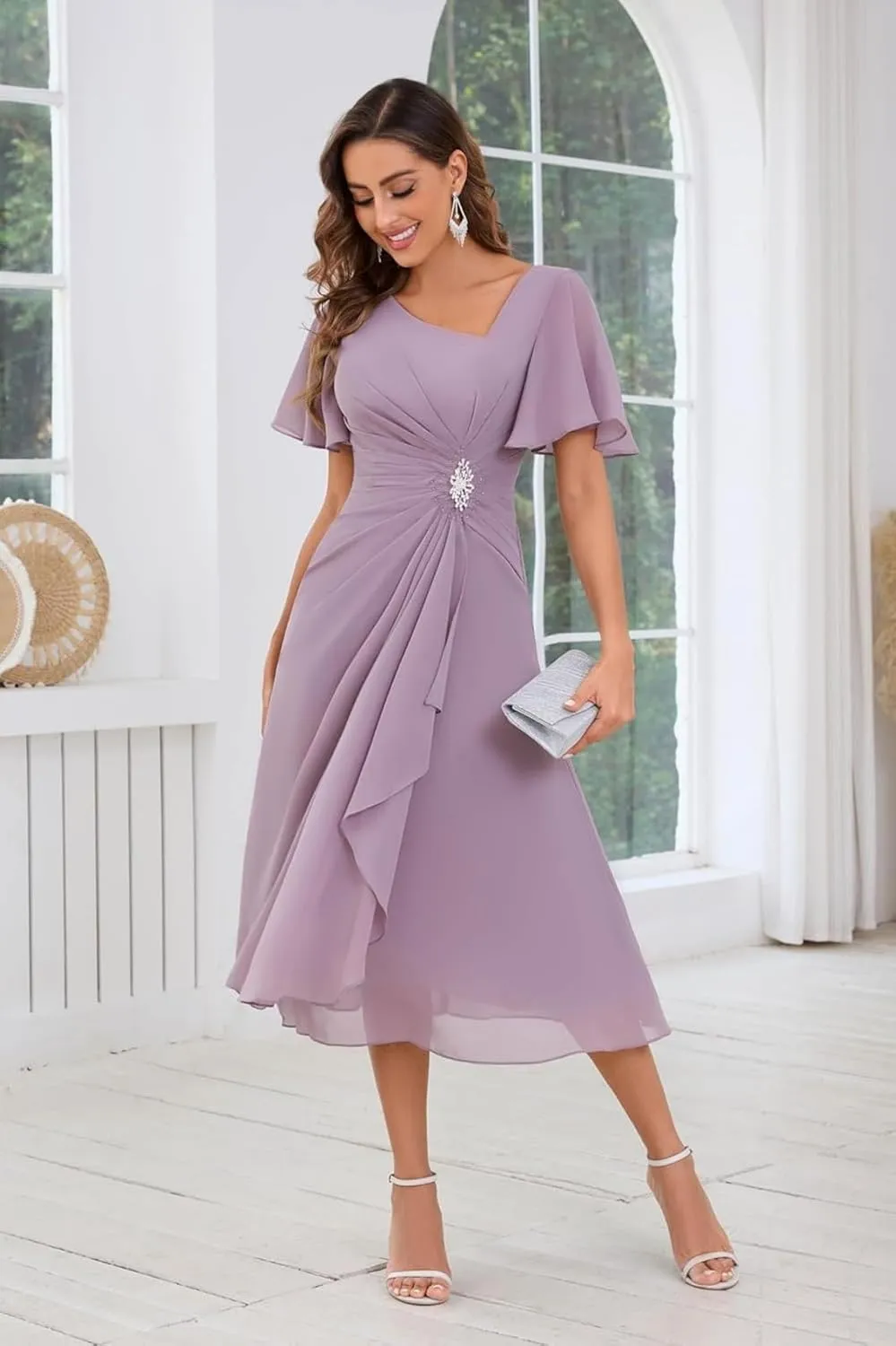 Mother of The Bride Dresses A-line Beaded Chiffon Flutter Sleeve Formal Evening Dress for Wedding