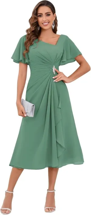 Mother of The Bride Dresses A-line Beaded Chiffon Flutter Sleeve Formal Evening Dress for Wedding