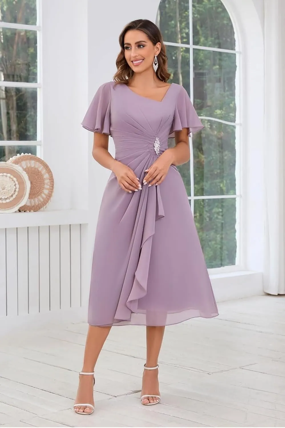 Mother of The Bride Dresses A-line Beaded Chiffon Flutter Sleeve Formal Evening Dress for Wedding