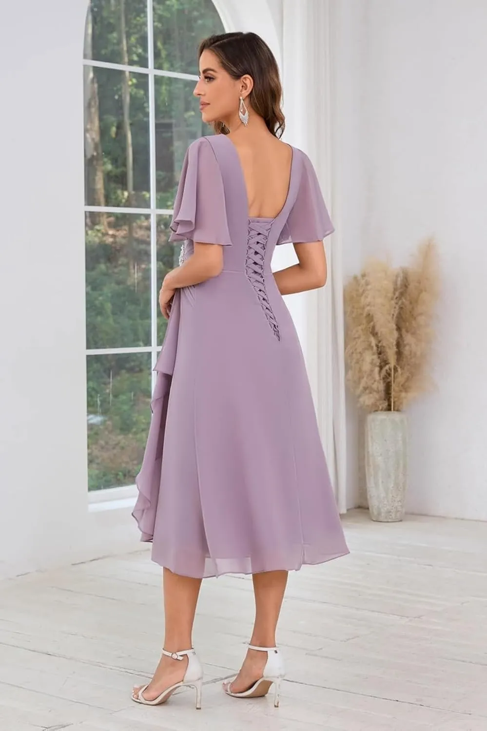 Mother of The Bride Dresses A-line Beaded Chiffon Flutter Sleeve Formal Evening Dress for Wedding