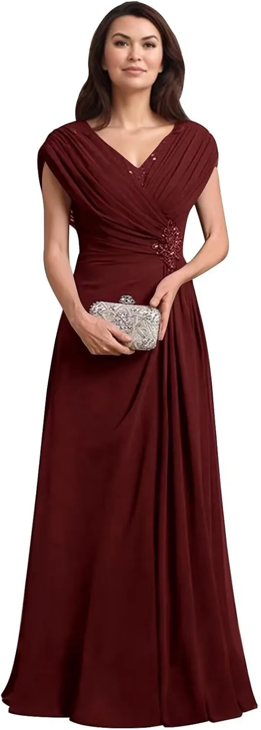 Mother of The Bride Dresses for Wedding Cap Sleeves Chiffon Long Ruched Formal Mother of The Groom Dress