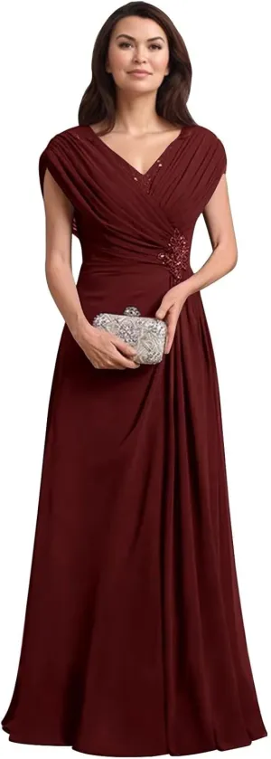 Mother of The Bride Dresses for Wedding Cap Sleeves Chiffon Long Ruched Formal Mother of The Groom Dress