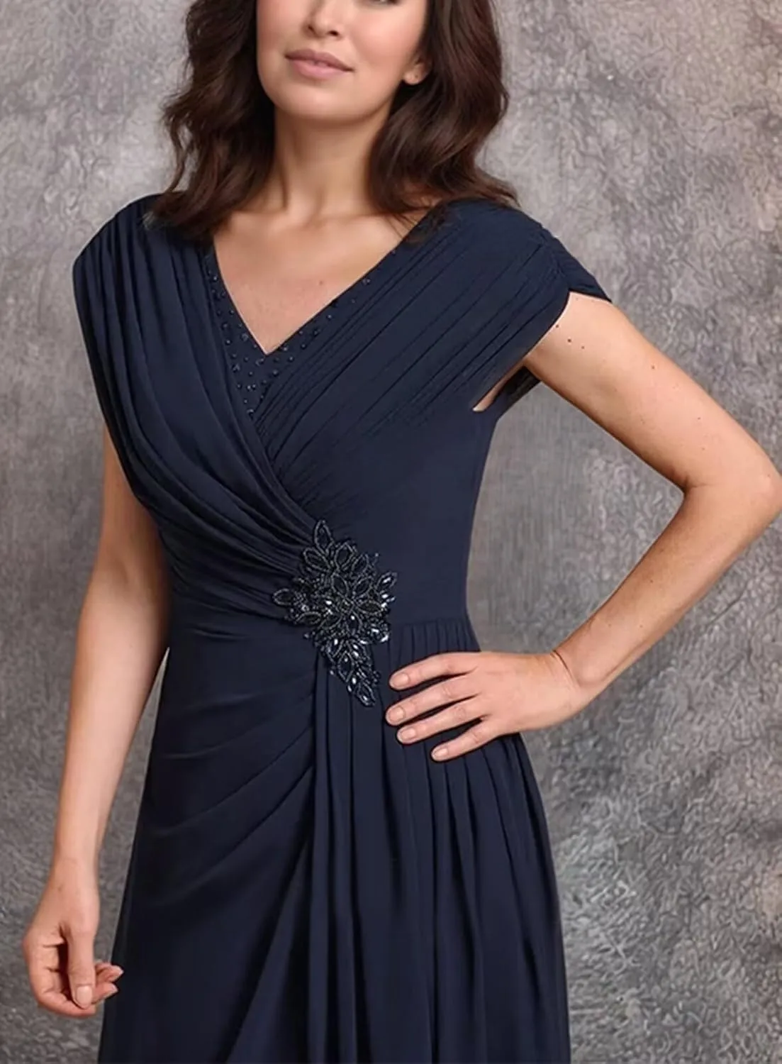 Mother of The Bride Dresses for Wedding Cap Sleeves Chiffon Long Ruched Formal Mother of The Groom Dress