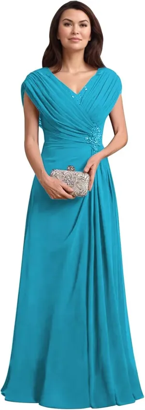 Mother of The Bride Dresses for Wedding Cap Sleeves Chiffon Long Ruched Formal Mother of The Groom Dress