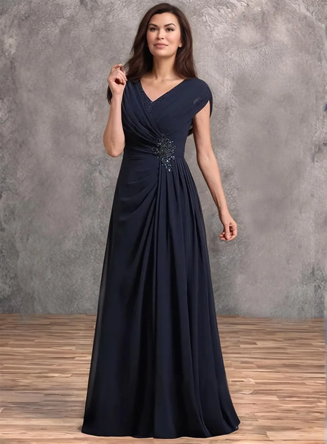 Mother of The Bride Dresses for Wedding Cap Sleeves Chiffon Long Ruched Formal Mother of The Groom Dress