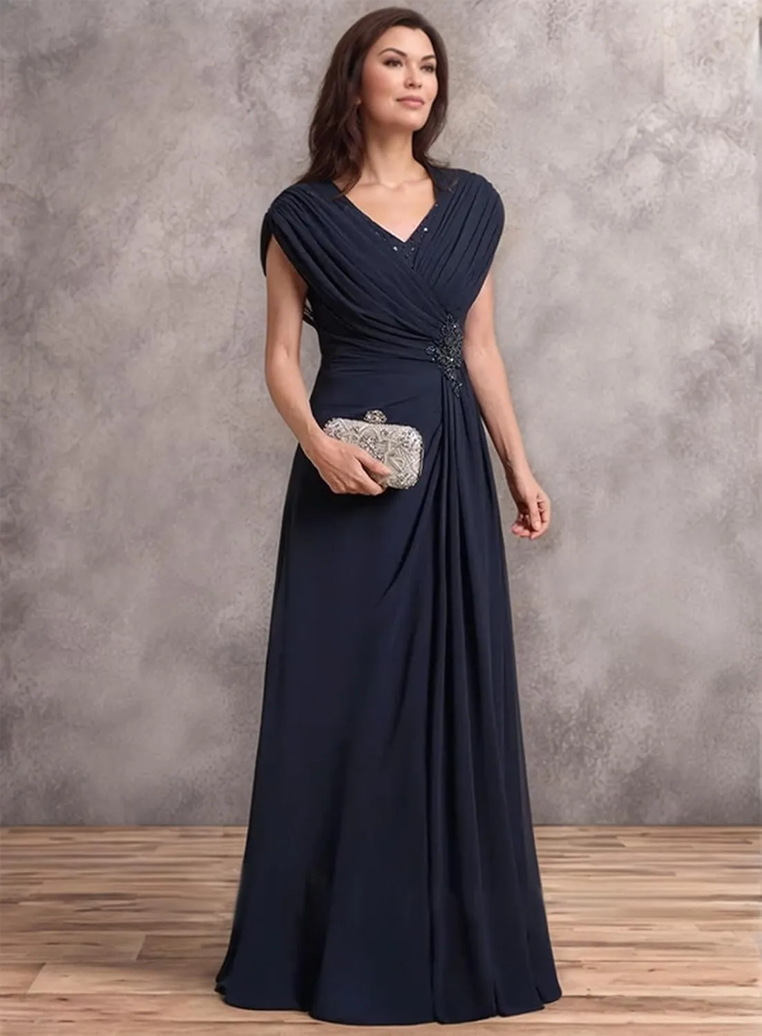 Mother of The Bride Dresses for Wedding Cap Sleeves Chiffon Long Ruched Formal Mother of The Groom Dress