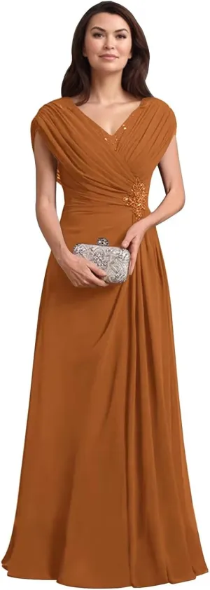 Mother of The Bride Dresses for Wedding Cap Sleeves Chiffon Long Ruched Formal Mother of The Groom Dress