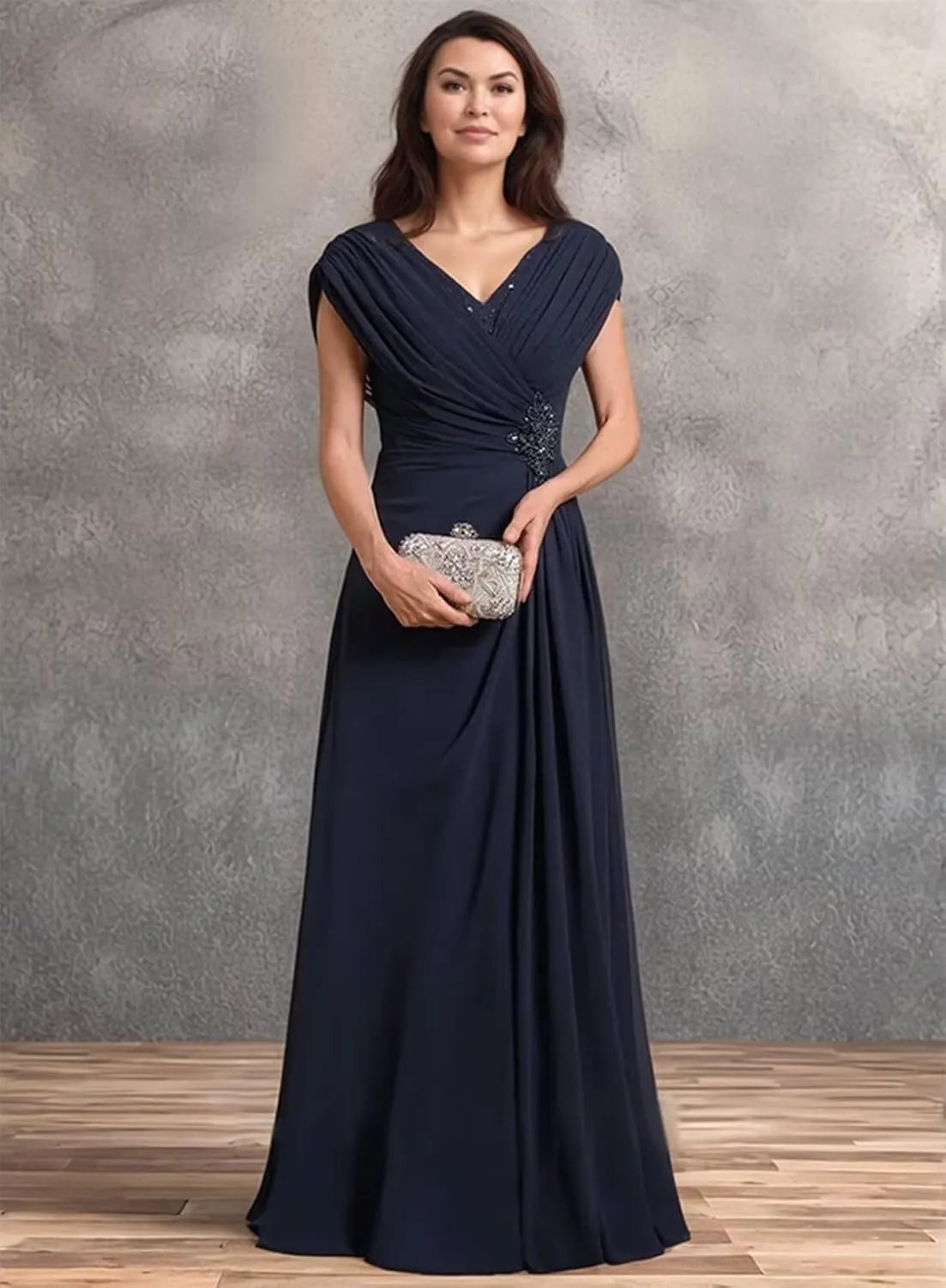 Mother of The Bride Dresses for Wedding Cap Sleeves Chiffon Long Ruched Formal Mother of The Groom Dress