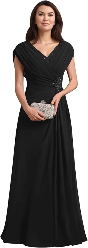 Mother of The Bride Dresses for Wedding Cap Sleeves Chiffon Long Ruched Formal Mother of The Groom Dress