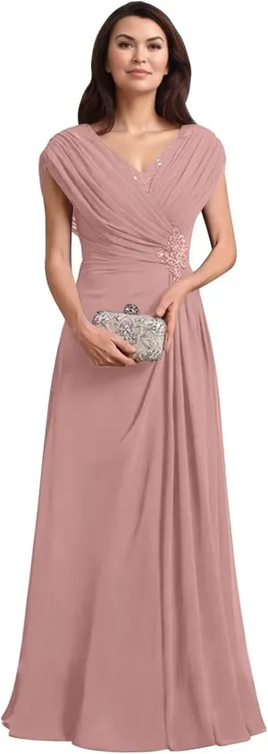Mother of The Bride Dresses for Wedding Cap Sleeves Chiffon Long Ruched Formal Mother of The Groom Dress