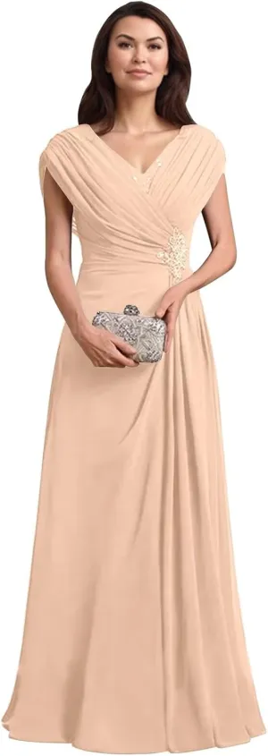 Mother of The Bride Dresses for Wedding Cap Sleeves Chiffon Long Ruched Formal Mother of The Groom Dress