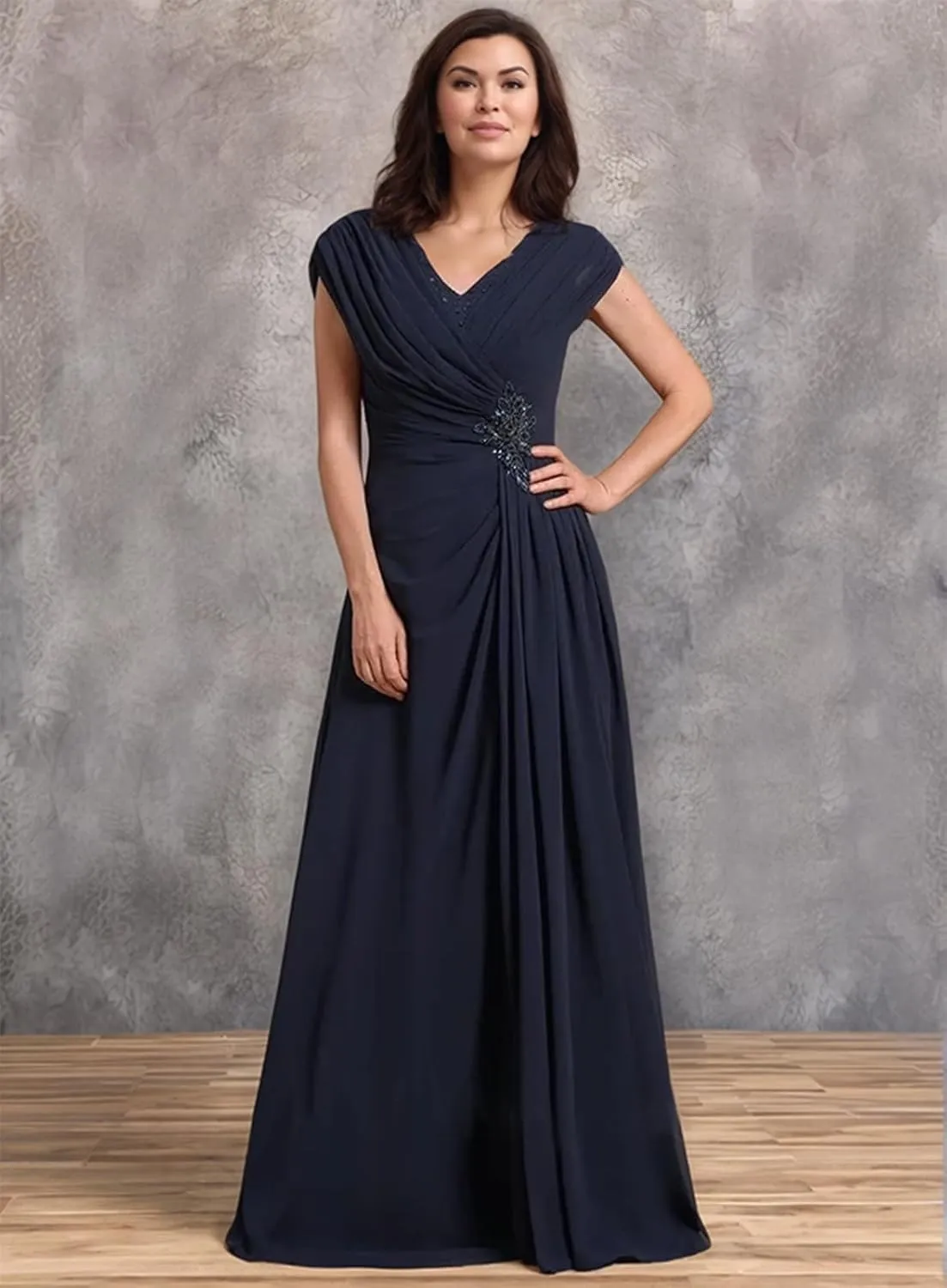 Mother of The Bride Dresses for Wedding Cap Sleeves Chiffon Long Ruched Formal Mother of The Groom Dress