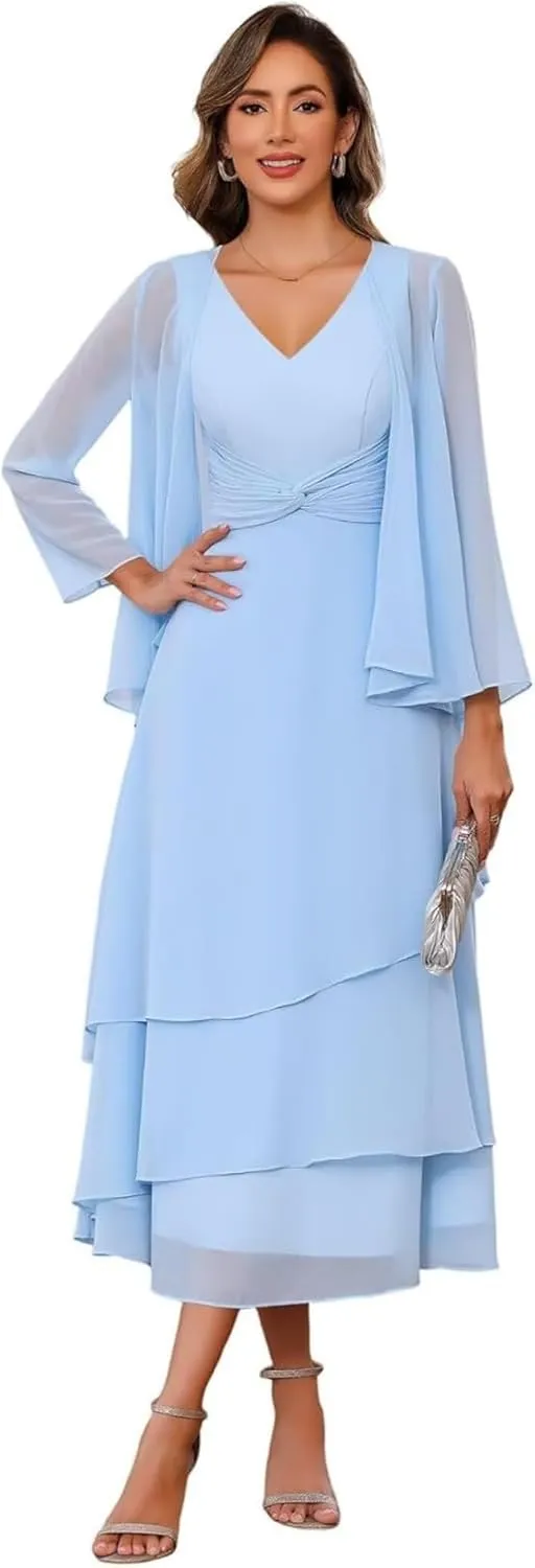 Mother of The Bride Dresses for Wedding Chiffon V Neck Long Sleeve Formal Evening Dress for Women
