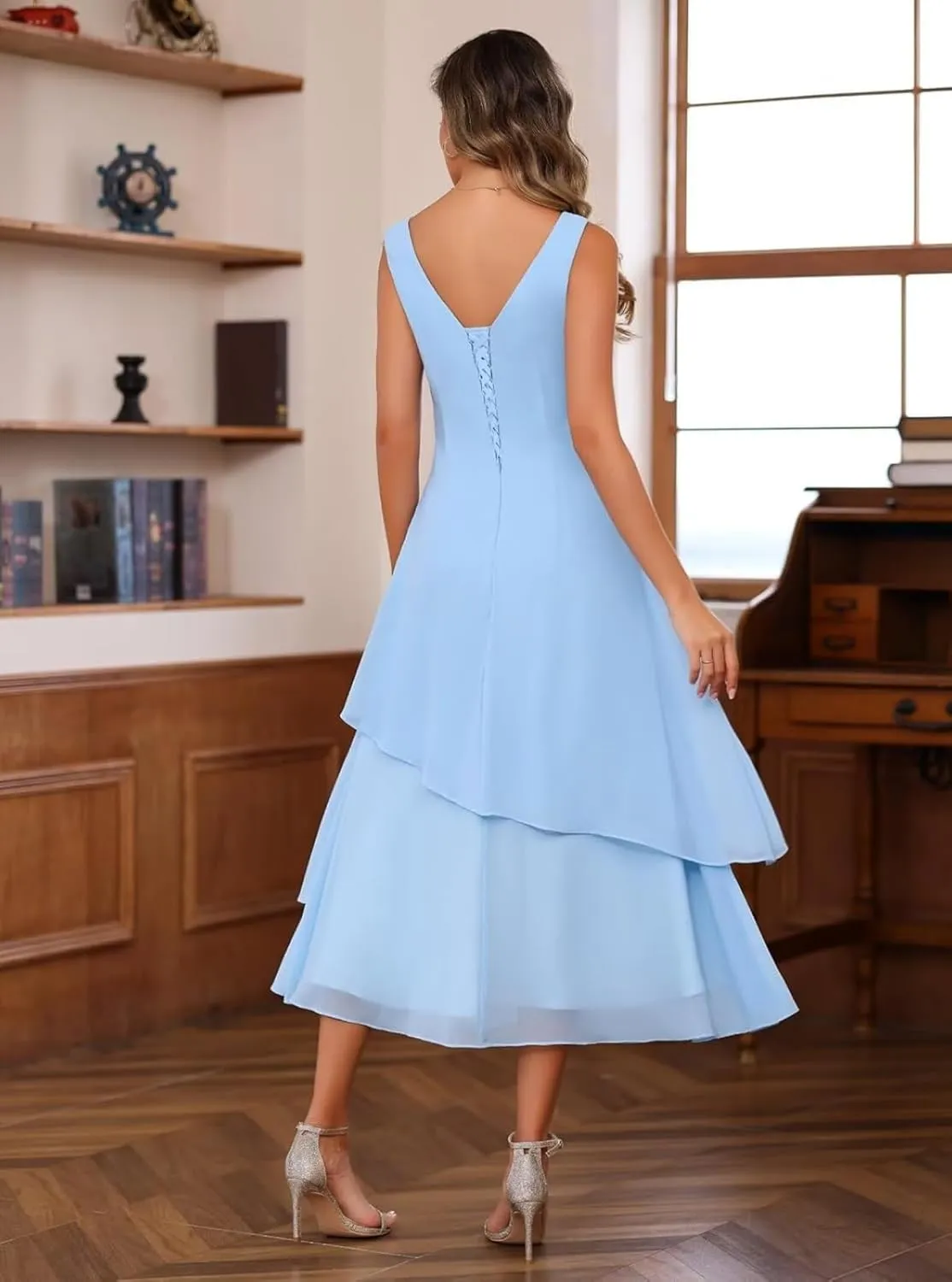 Mother of The Bride Dresses for Wedding Chiffon V Neck Long Sleeve Formal Evening Dress for Women