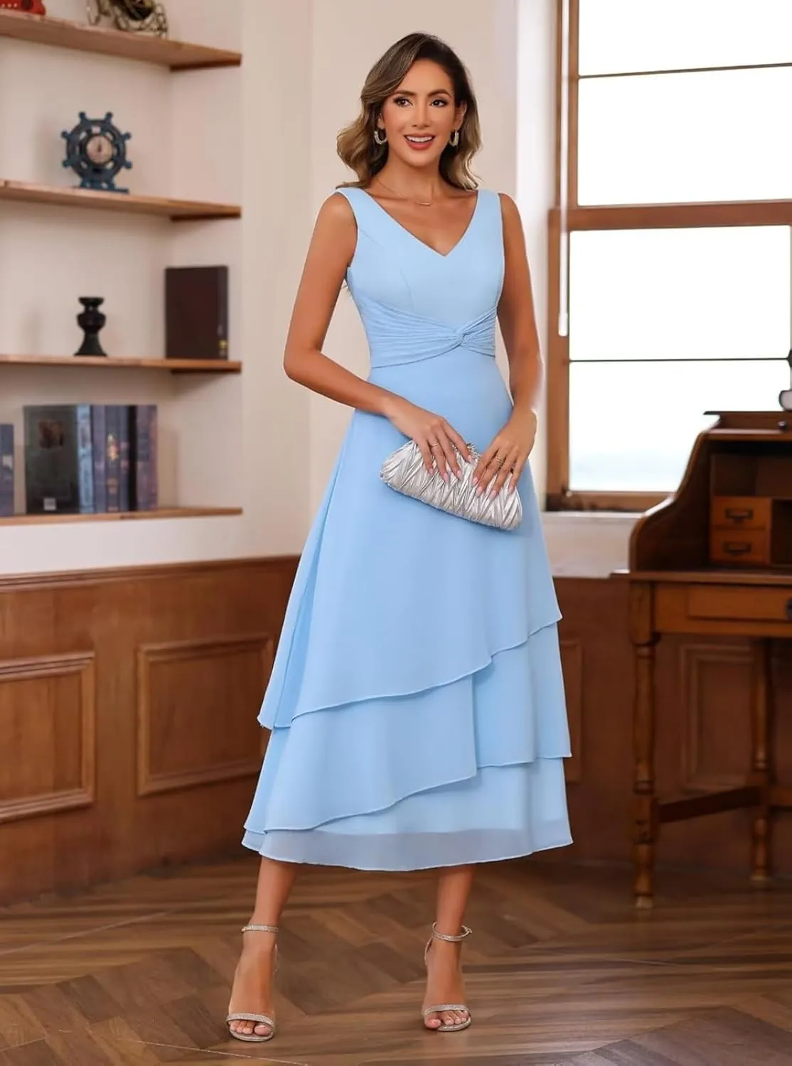 Mother of The Bride Dresses for Wedding Chiffon V Neck Long Sleeve Formal Evening Dress for Women