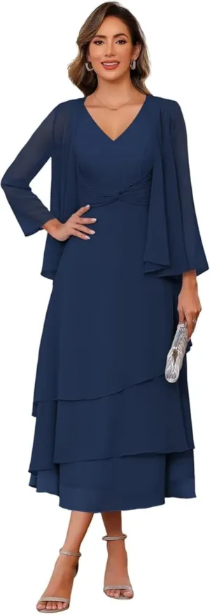 Mother of The Bride Dresses for Wedding Chiffon V Neck Long Sleeve Formal Evening Dress for Women