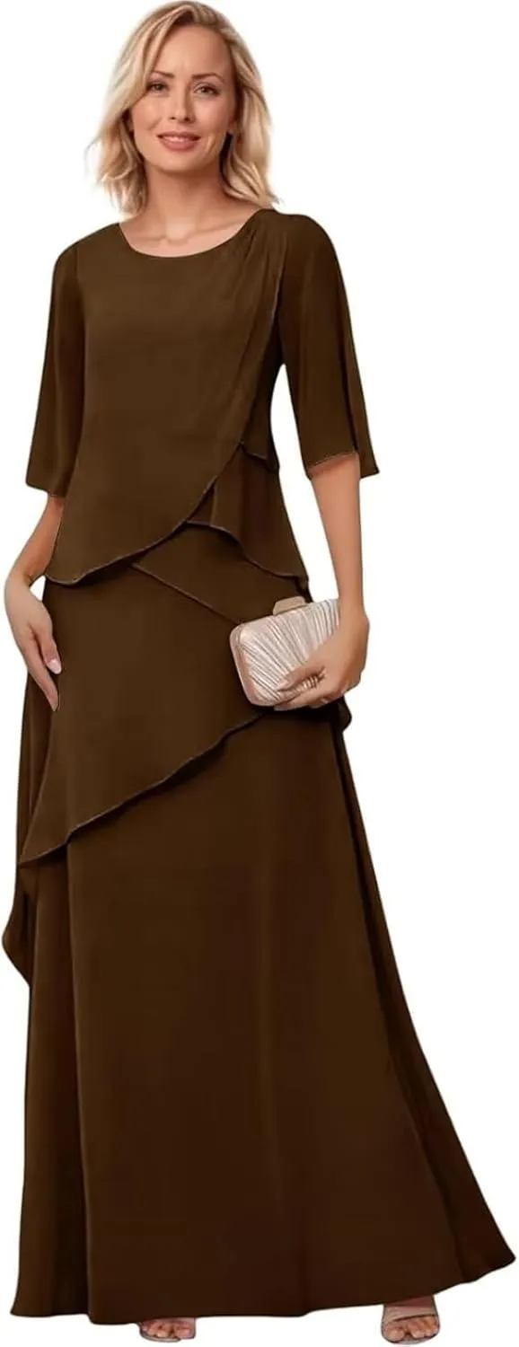 Mother of The Bride Dresses for Wedding Layered Chiffon Long Evening Dress Formal Gown with Sleeves