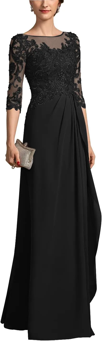Mother of The Bride Dresses for Women Chiffon A-Line Scoop Illusion Evening Gowns with Beading Sequins ZXF006